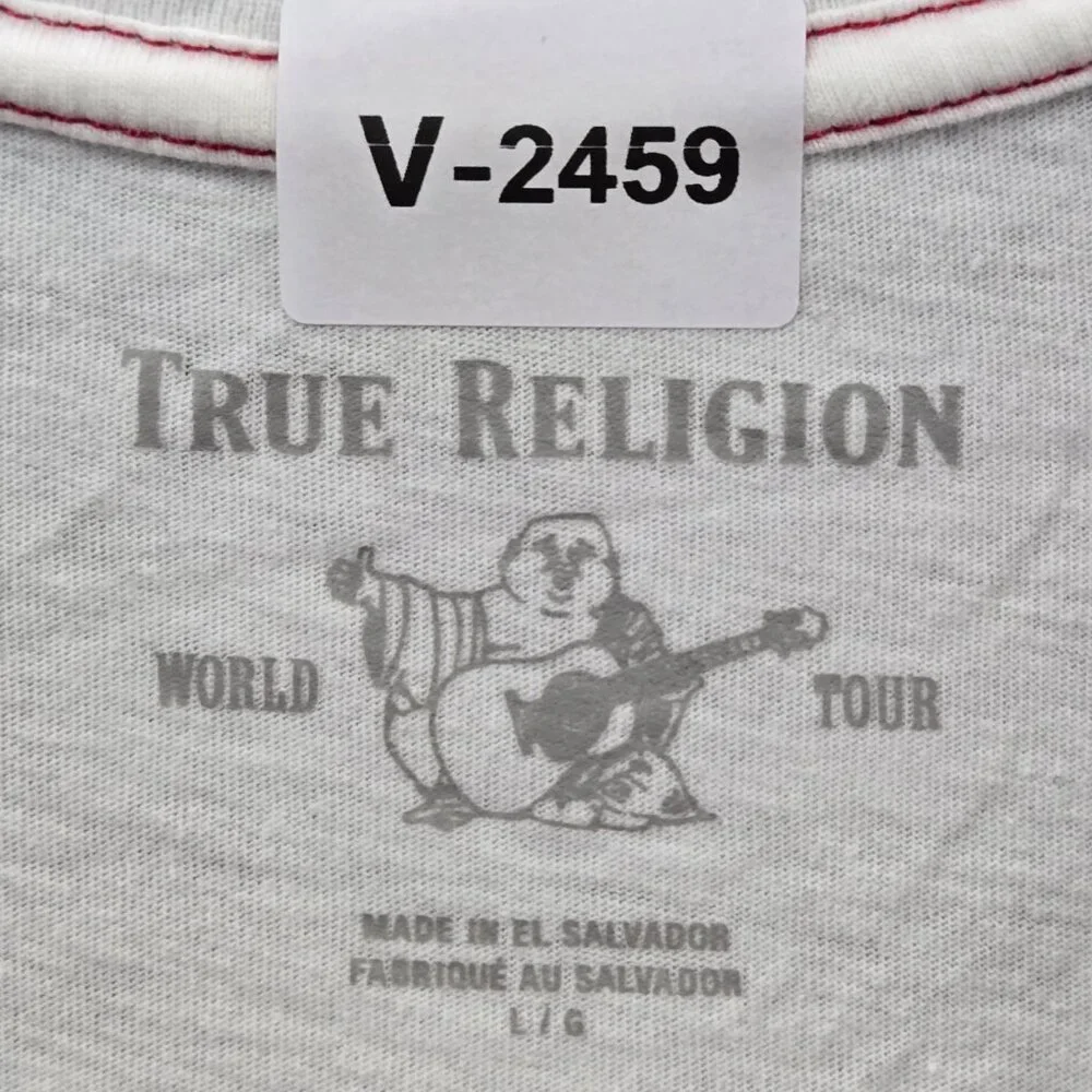 True Religion Men Shirt Large White Striped Logo Graphic Print‎ Short Sleeve Tee